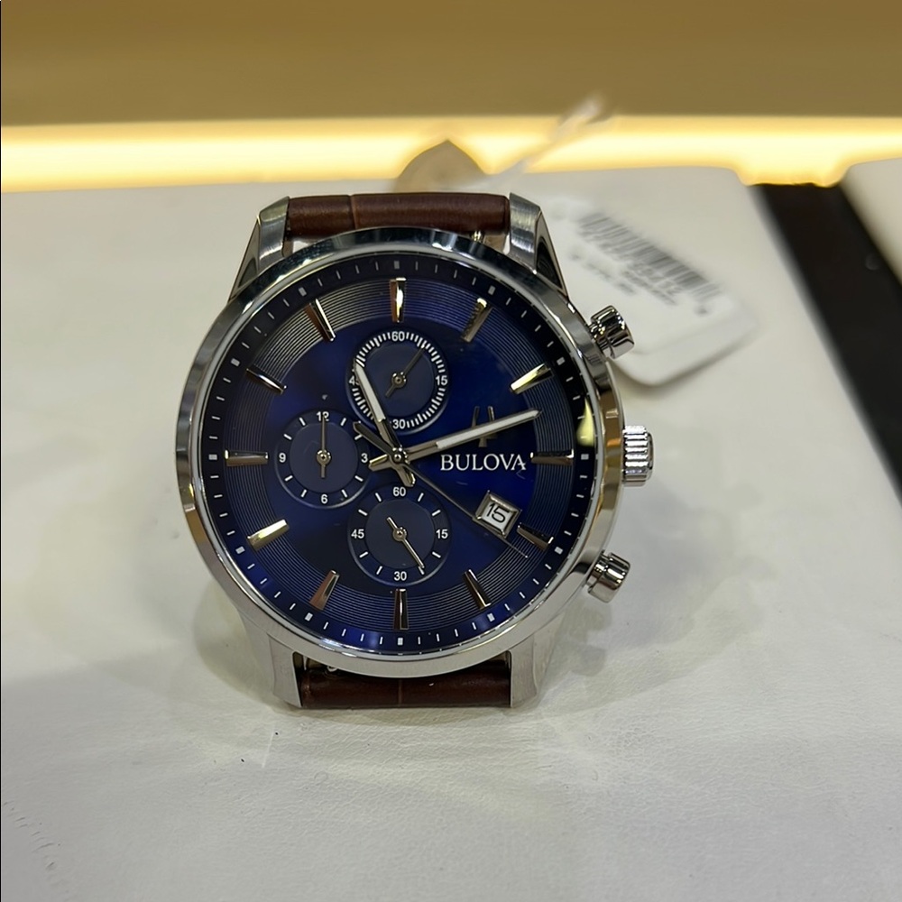 Bulova Blue and Silver Watch with Brown Leather Strap